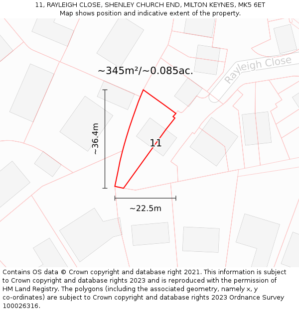 11, RAYLEIGH CLOSE, SHENLEY CHURCH END, MILTON KEYNES, MK5 6ET: Plot and title map