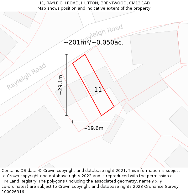 11, RAYLEIGH ROAD, HUTTON, BRENTWOOD, CM13 1AB: Plot and title map