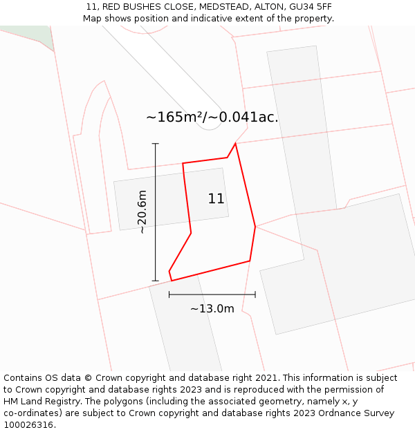 11, RED BUSHES CLOSE, MEDSTEAD, ALTON, GU34 5FF: Plot and title map