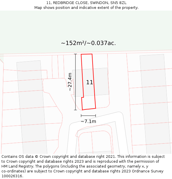 11, REDBRIDGE CLOSE, SWINDON, SN5 8ZL: Plot and title map