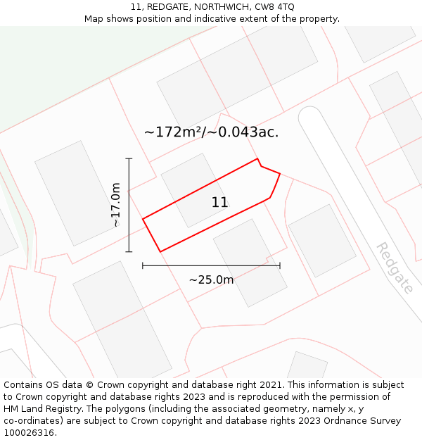 11, REDGATE, NORTHWICH, CW8 4TQ: Plot and title map