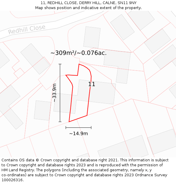 11, REDHILL CLOSE, DERRY HILL, CALNE, SN11 9NY: Plot and title map