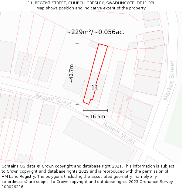 11, REGENT STREET, CHURCH GRESLEY, SWADLINCOTE, DE11 9PL: Plot and title map