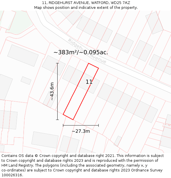 11, RIDGEHURST AVENUE, WATFORD, WD25 7AZ: Plot and title map