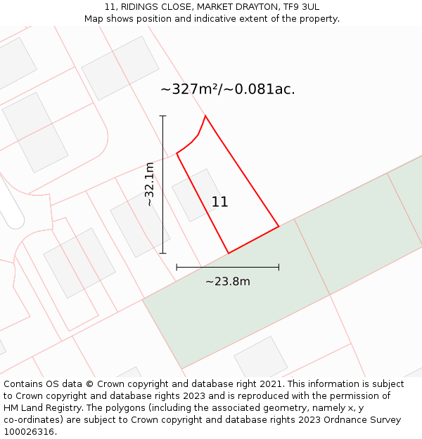 11, RIDINGS CLOSE, MARKET DRAYTON, TF9 3UL: Plot and title map