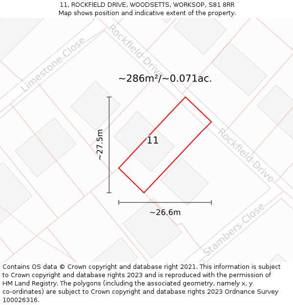 11, ROCKFIELD DRIVE, WOODSETTS, WORKSOP, S81 8RR: Plot and title map