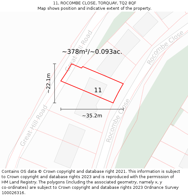 11, ROCOMBE CLOSE, TORQUAY, TQ2 8QF: Plot and title map