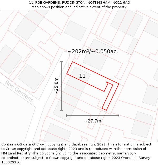 11, ROE GARDENS, RUDDINGTON, NOTTINGHAM, NG11 6AQ: Plot and title map