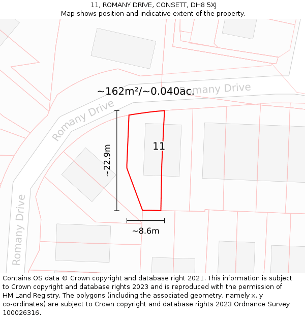 11, ROMANY DRIVE, CONSETT, DH8 5XJ: Plot and title map