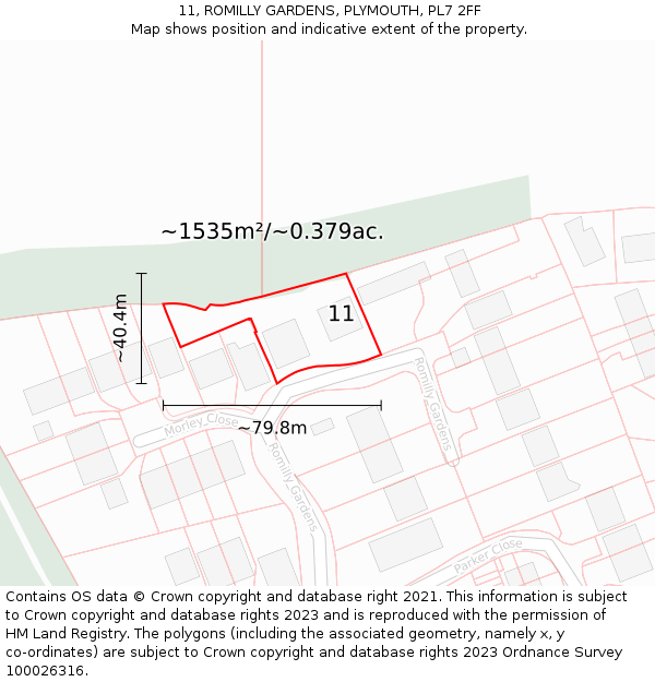 11, ROMILLY GARDENS, PLYMOUTH, PL7 2FF: Plot and title map