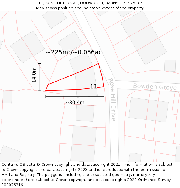 11, ROSE HILL DRIVE, DODWORTH, BARNSLEY, S75 3LY: Plot and title map