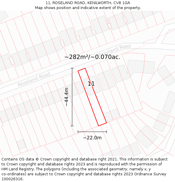 11, ROSELAND ROAD, KENILWORTH, CV8 1GA: Plot and title map