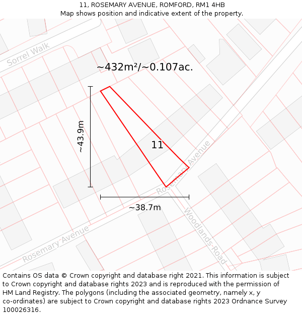 11, ROSEMARY AVENUE, ROMFORD, RM1 4HB: Plot and title map