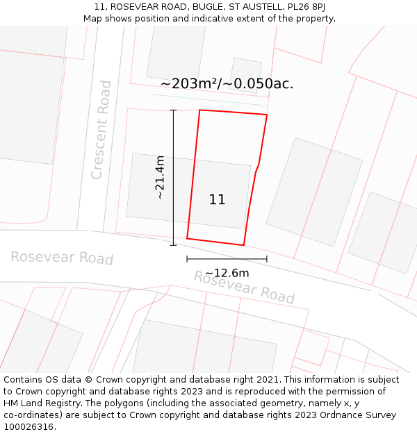 11, ROSEVEAR ROAD, BUGLE, ST AUSTELL, PL26 8PJ: Plot and title map