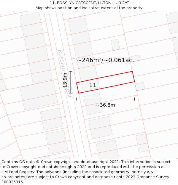 11, ROSSLYN CRESCENT, LUTON, LU3 2AT: Plot and title map