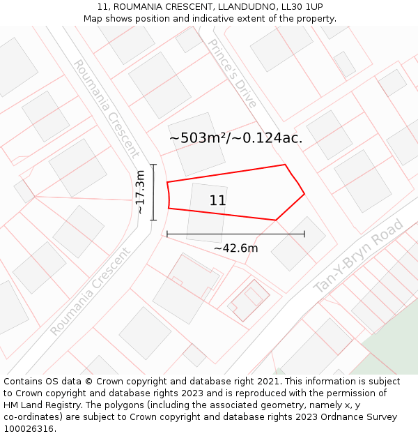 11, ROUMANIA CRESCENT, LLANDUDNO, LL30 1UP: Plot and title map