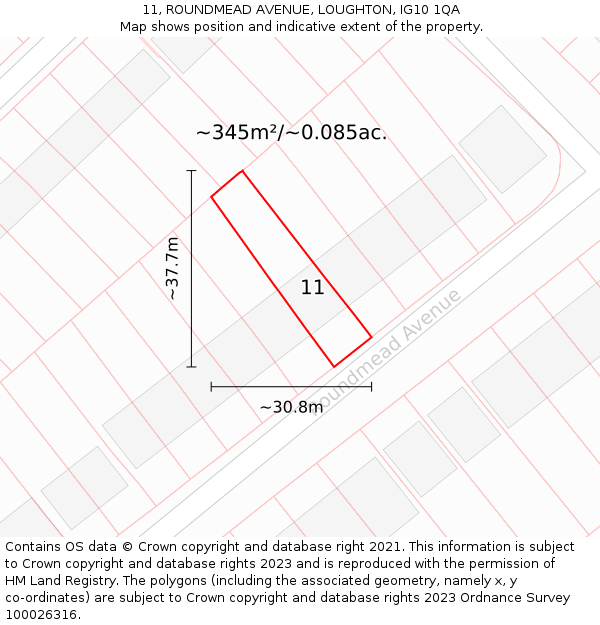 11, ROUNDMEAD AVENUE, LOUGHTON, IG10 1QA: Plot and title map