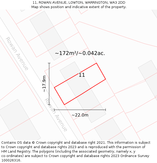 11, ROWAN AVENUE, LOWTON, WARRINGTON, WA3 2DD: Plot and title map