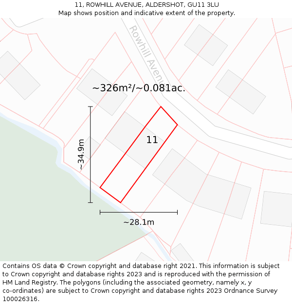 11, ROWHILL AVENUE, ALDERSHOT, GU11 3LU: Plot and title map