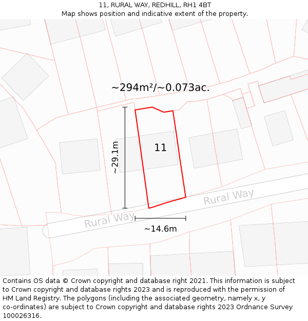 11, RURAL WAY, REDHILL, RH1 4BT: Plot and title map