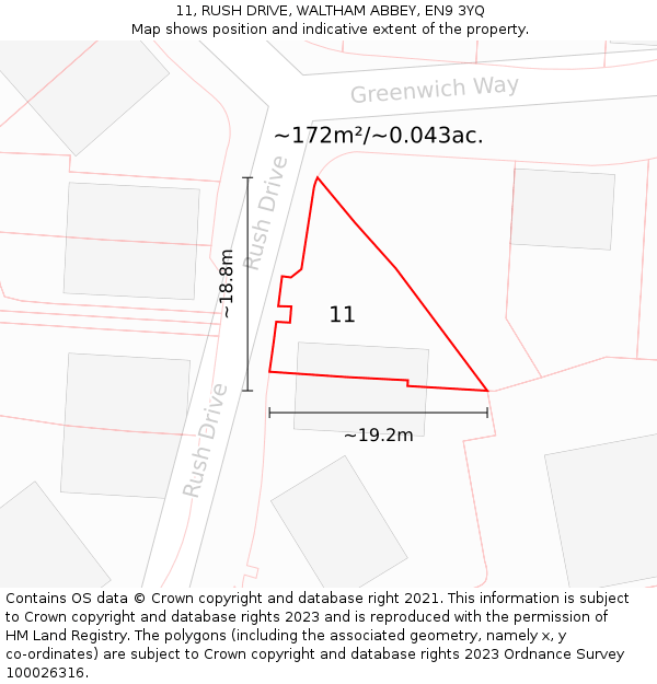 11, RUSH DRIVE, WALTHAM ABBEY, EN9 3YQ: Plot and title map