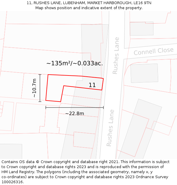 11, RUSHES LANE, LUBENHAM, MARKET HARBOROUGH, LE16 9TN: Plot and title map