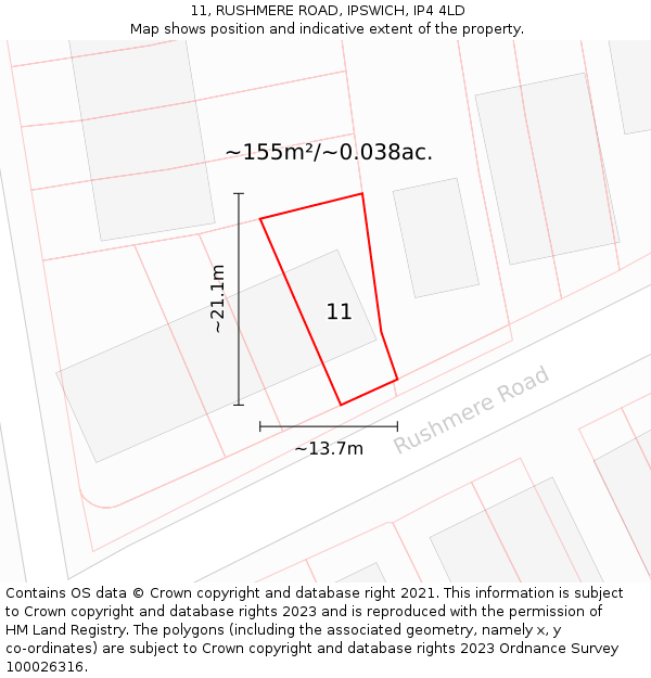 11, RUSHMERE ROAD, IPSWICH, IP4 4LD: Plot and title map
