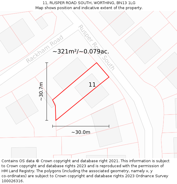 11, RUSPER ROAD SOUTH, WORTHING, BN13 1LG: Plot and title map