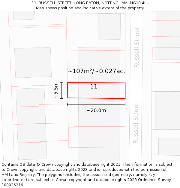 11, RUSSELL STREET, LONG EATON, NOTTINGHAM, NG10 4LU: Plot and title map