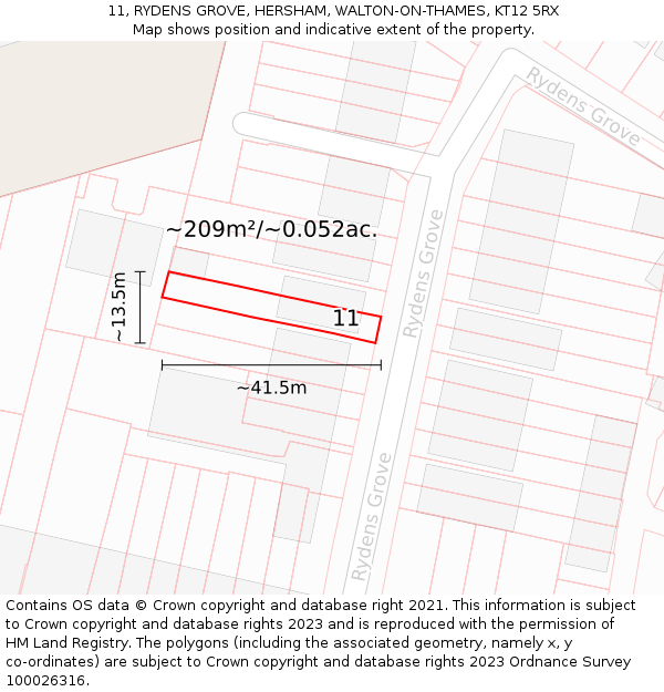 11, RYDENS GROVE, HERSHAM, WALTON-ON-THAMES, KT12 5RX: Plot and title map