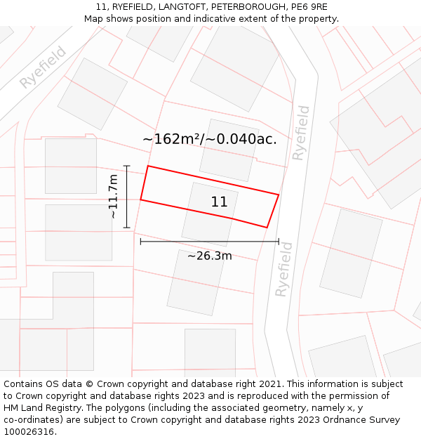 11, RYEFIELD, LANGTOFT, PETERBOROUGH, PE6 9RE: Plot and title map
