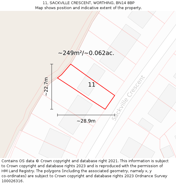 11, SACKVILLE CRESCENT, WORTHING, BN14 8BP: Plot and title map