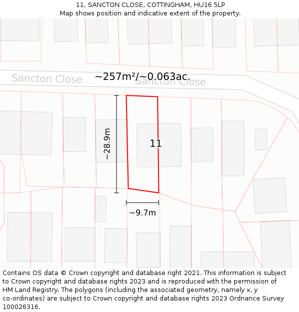 11, SANCTON CLOSE, COTTINGHAM, HU16 5LP: Plot and title map
