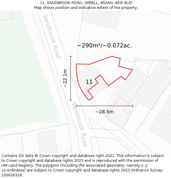 11, SANDBROOK ROAD, ORRELL, WIGAN, WN5 8UD: Plot and title map