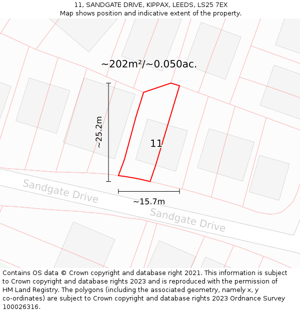 11, SANDGATE DRIVE, KIPPAX, LEEDS, LS25 7EX: Plot and title map