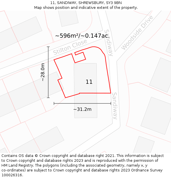 11, SANDIWAY, SHREWSBURY, SY3 9BN: Plot and title map