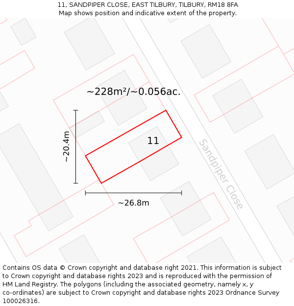 11, SANDPIPER CLOSE, EAST TILBURY, TILBURY, RM18 8FA: Plot and title map
