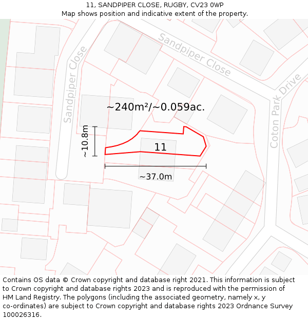 11, SANDPIPER CLOSE, RUGBY, CV23 0WP: Plot and title map