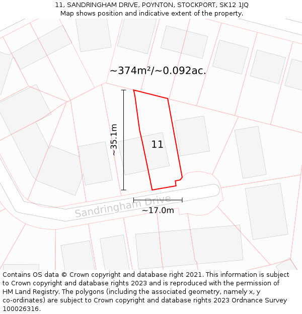 11, SANDRINGHAM DRIVE, POYNTON, STOCKPORT, SK12 1JQ: Plot and title map