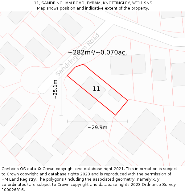 11, SANDRINGHAM ROAD, BYRAM, KNOTTINGLEY, WF11 9NS: Plot and title map