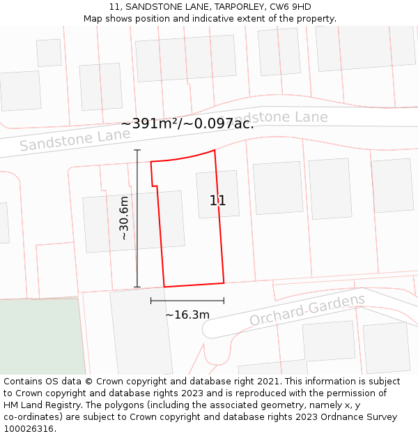 11, SANDSTONE LANE, TARPORLEY, CW6 9HD: Plot and title map