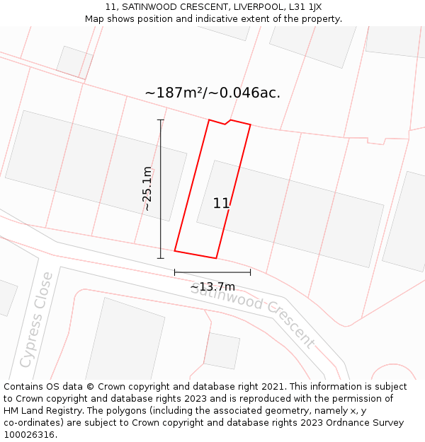 11, SATINWOOD CRESCENT, LIVERPOOL, L31 1JX: Plot and title map