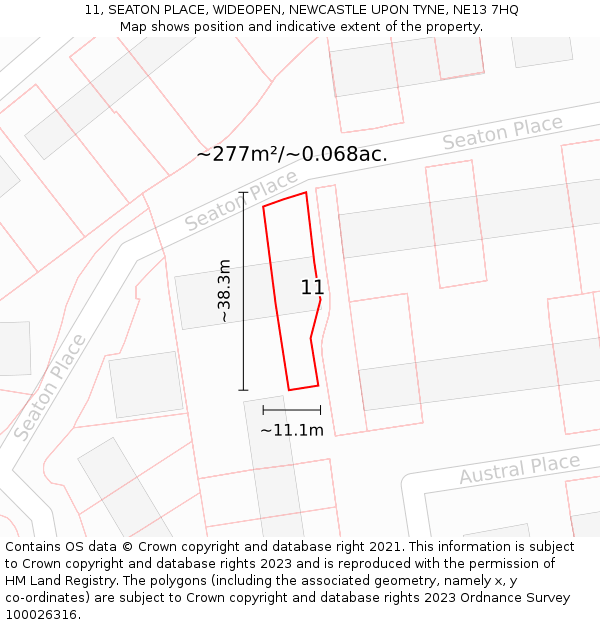 11, SEATON PLACE, WIDEOPEN, NEWCASTLE UPON TYNE, NE13 7HQ: Plot and title map