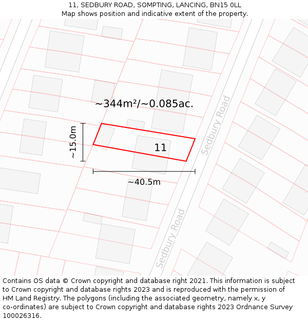 11, SEDBURY ROAD, SOMPTING, LANCING, BN15 0LL: Plot and title map