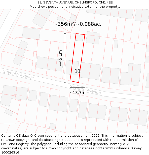 11, SEVENTH AVENUE, CHELMSFORD, CM1 4EE: Plot and title map