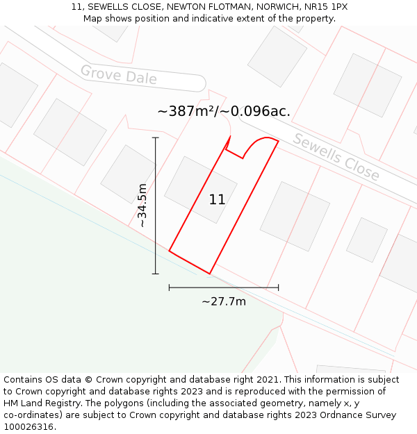 11, SEWELLS CLOSE, NEWTON FLOTMAN, NORWICH, NR15 1PX: Plot and title map