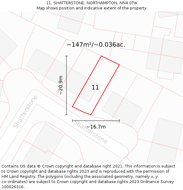 11, SHATTERSTONE, NORTHAMPTON, NN4 0TW: Plot and title map