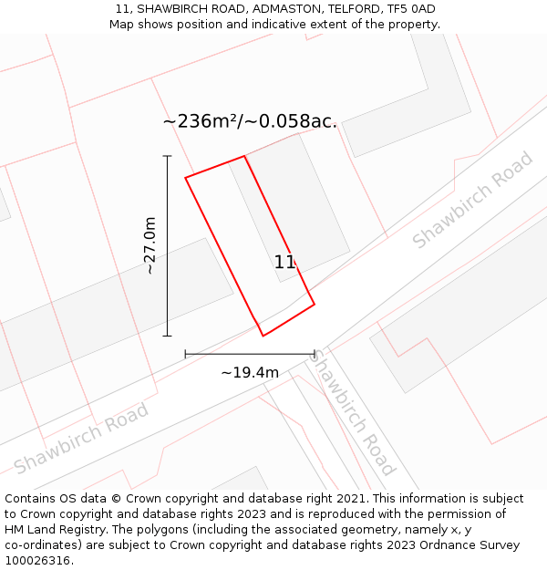 11, SHAWBIRCH ROAD, ADMASTON, TELFORD, TF5 0AD: Plot and title map