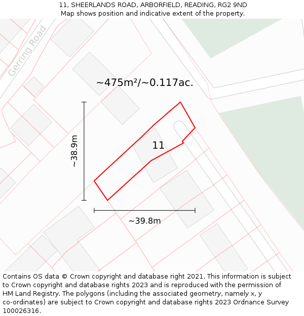 11, SHEERLANDS ROAD, ARBORFIELD, READING, RG2 9ND: Plot and title map