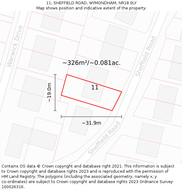 11, SHEFFIELD ROAD, WYMONDHAM, NR18 0LY: Plot and title map